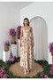 Women's Beige Midi Dress with Thin Straps, Square Neck, Floral Pattern, Gathered - 8