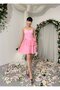 Women's Pink Strappy Mini Dress with Heart Collar and Layered Chiffon Skirt - 5