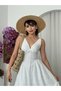 Women's White Scallop Embroidered V-Neck Strap Midi Dress with Tie Detail - 6