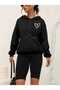 Women's Minimal Heart Printed Black Hooded Kangaroo Pocket Unisex Oversize Sweatshirt - 3