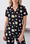 Black Daisy and Butterfly Patterned Short Sleeve Shirt Collar Milan Fabric Women's Pajama Set