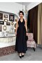 Women's Black Halter Neck Button Detailed Backless Midi Poplin Dress - 5