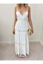 Women's White Maxi Length Thin Strap V-Neck Layered Dress with Lace Detail - 5