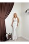 Women's White Strappy Lace Detailed Sweetheart Neckline Draped Fish Cut Maxi Evening Dress