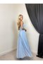 Women's Blue Maxi Halter Neck V-Neck Lace Paneled Strappy Evening Dress - 4