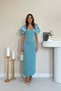 Women's Mint Dress Midi Square Neck Balloon Sleeves Beaded Embroidery Pencil Cut - 2