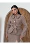 Women's Mink Skirt Suit, Textured Cashmere Belted Jacket, Slit Midi Skirt - 5
