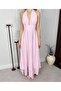 Women's Pink Halter Neck Backless Layered Maxi Dress with Belted Look - 3