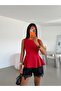 Six-Volane Zero-Sleeve Blouse - Red
