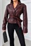 Belted Burgundy Zipperless Short Women's Faux Leather Jacket
