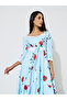 Blue Floral Print Lace Details A-Line Midi Dress - 2