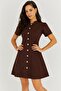Women's Brown Button Detail Mini Dress - 2