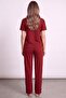 Women's Burgundy Battal Size Lace and Button Detailed Short Sleeve Pajama Set - 3