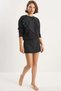 Women's Crew Neck Black Sweatshirt with Floral Accessories and Three-Thread Ribbed Detail - 6