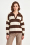 Women's Polo Collar Striped Knitwear Brown Cream Sweater - 7