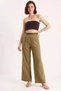 Women's Straw Belted Pocket Detailed Striped Linen Palazzo Khaki Trousers - 2