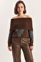 Women's Madonna Collar Diamond Patterned Knitwear Brown Anthracite Sweater - 7