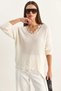 Women's V-Neck Lace Detailed Knitwear Ecru Sweater - 5