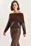 Women's Madonna Collar Diamond Patterned Knitwear Brown Anthracite Sweater - 3