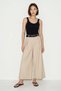 Women's High Waist Belted Pleated Detailed Wide Leg Beige Skirt Trousers