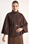 Women's Gold Button Detailed Belted Poncho Brown - 4