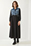 Women's Denim Garnished Long Flared Black Dress - 3