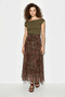 Women's Waist Drawstring Detailed Shawl Patterned Lined Chiffon Maxi Skirt Brown Green - 3