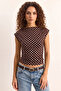 Women's Degaje Collar Polka Dot Lycra Brown Beige Blouse with Side Gathered Detail - 4