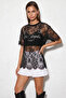Women's Lace Tulle Detailed Printed Oversize Black Blouse - 2