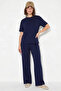 Women's Comfortable Flexible Modal Navy Blue Top and Bottom Set - 2
