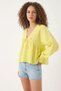 Women's V-Neck Muslin Yellow Blouse with Tie Detail - 2