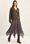 Women's Plaid Patterned Wrinkled Effect Lined Midi Chiffon Brown Skirt - 7
