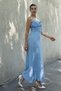 Women's Summer Blue Chest Gathered Front Slit Strappy Long Dress 50322 - 7