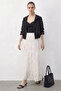 Women's Elastic Waist Self-Patterned Lined Midi Ecru Skirt - 3