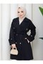Apolet Detailed Belted Buttoned Pocketed Hijab Trench Coat Rc3145 - 8