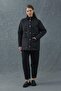 Black Quilted Coat with Suede Collar Detail and Adjustable Waist