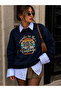 Navy Blue Crew Neck 90's Printed Oversize Sweatshirt