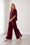 Viscose Woven Burgundy Striped Short Sleeve Shirt Collar Wide Leg Pajama Set