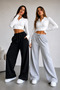 Mnk Sport Sweatpants 2 Pieces Plain Black Gray Wide Leg Comfortable Fit Sweatpants - 2