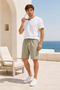 Men's 100% Light Khaki Linen Shorts, Lace-Up Waist, 3 Pockets, Relaxed Fit, Wide Leg, Casual Summer Shorts - 7