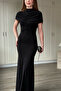 Shoulder Detailed Waist Draped Maxi Elegant Black Dress - 5