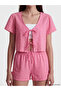 Lcw Dream Pink V-Neck Embroidered Women's Shorts Pajama Set - 3