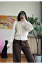 Women's Beige Buttoned Knitwear Blouse Poplin Long Ribbed Balloon Sleeves Openwork High Neck Waist Length Stylish Cardigan - 6