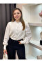 Women's Ecru Buttoned Knitwear Blouse Poplin Long Ribbed Balloon Sleeves Openwork High Neck Waist Length Stylish Cardigan - 2