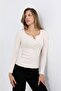 Women's Ivory Long Sleeve Ribbed Buttoned Basic Knitted Blouse - H6162 - 4