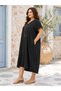 Plus Size Women's V-Neck Short Sleeve Pocketed Loose Fit Dress with Necklace Gift - 3