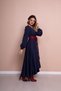 Women's Navy Blue Claret Red Leather Belt Navy Blue Long Sleeve Asymmetric Cut Dress - 7