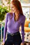 Women's Purple Zippered Turtleneck Lycra Blouse BLZ-19001155 - 3