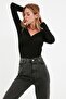 Siyah Vatkalı Drape Detaylı Fitted/Vücuda Oturan Esnek Çıtçıtlı Örme Body TWOAW22BD0156 - 10