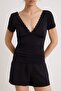 Black Plain Fitted/V-Neck Lace Detailed Stretchy Knitted Bodysuit Twoss26Bd00036 - 3